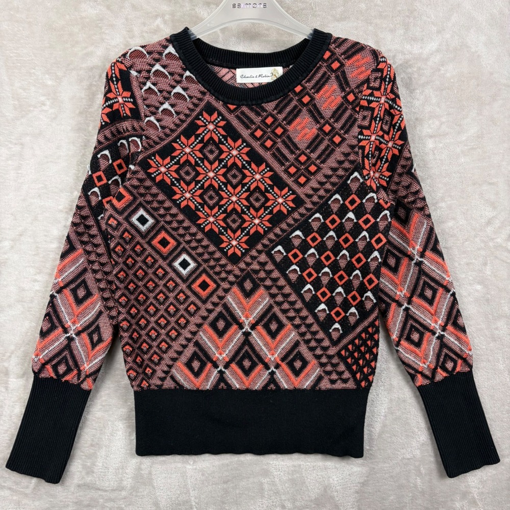 Charlie & Robin Women M Textured Fair Isle Sweater Orange Black Cotton Wool